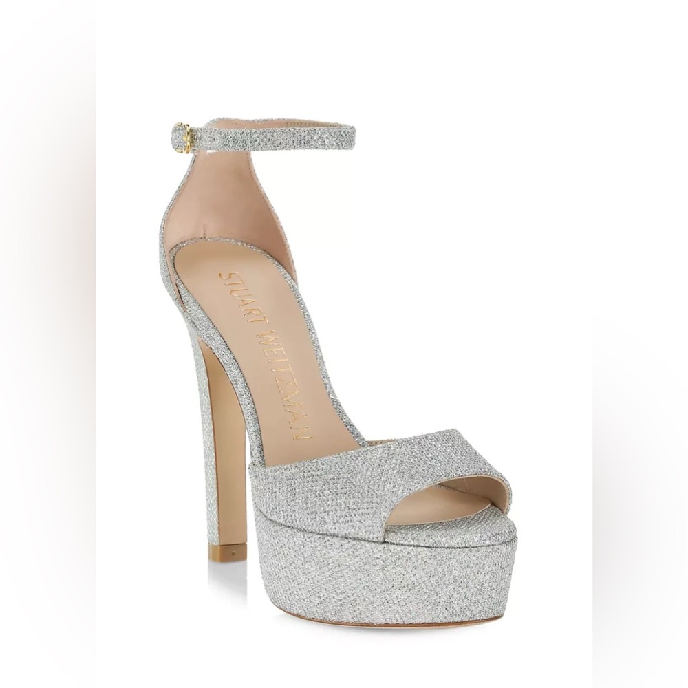 STUART WEITZMAN Discoplatform Shimmery High-Heel Sandal Crystal Silver, Size 9M